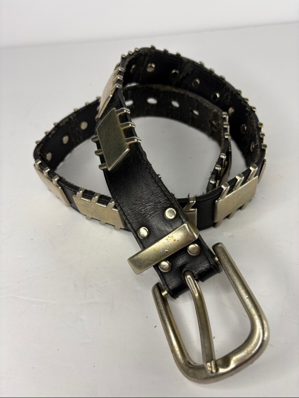 Vintage Black "Silver" Studs and Plate Accented Latigo Leather Belt